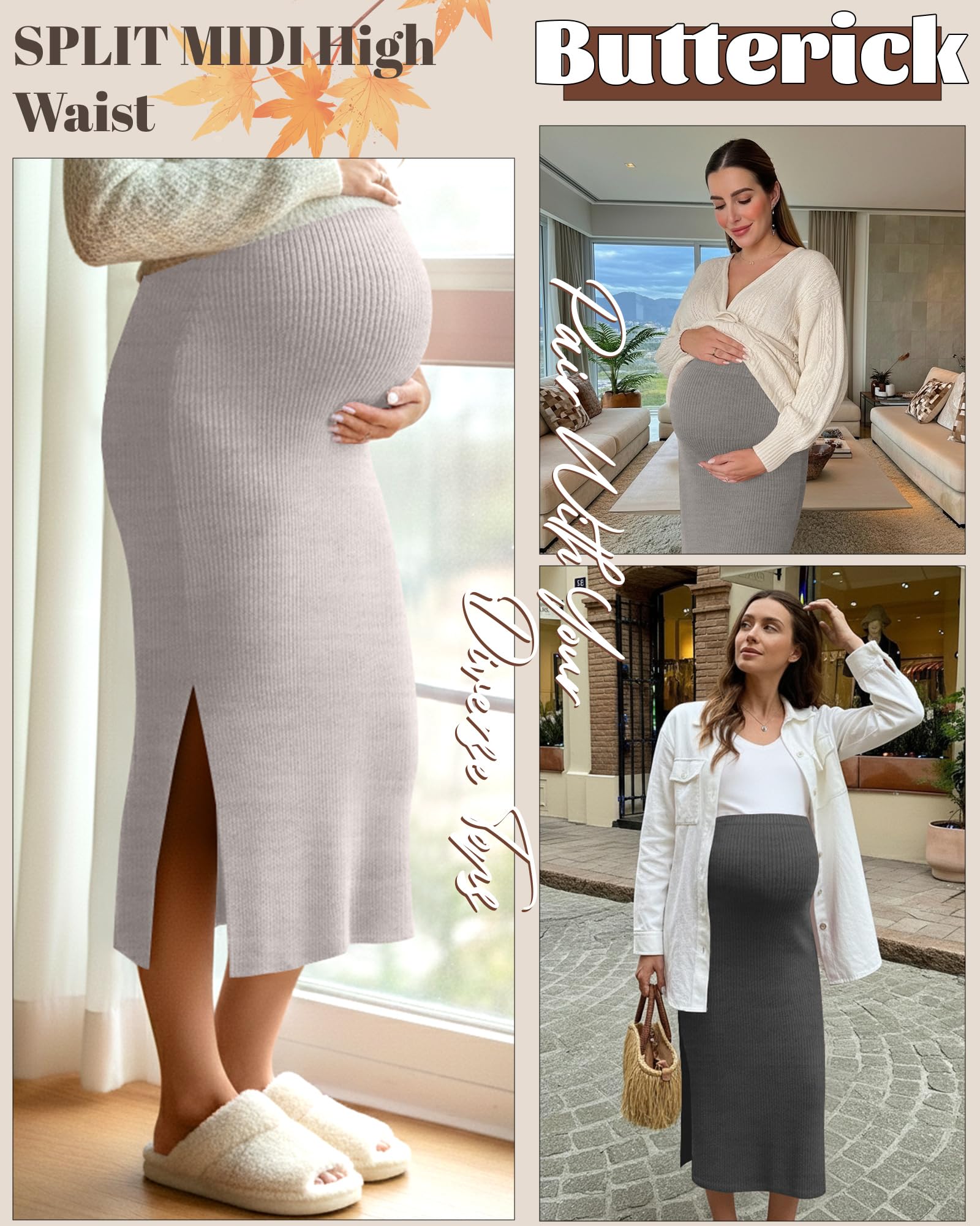 Neer Confezione da 3 gonne premaman da donna, a vita alta, a costine, tinta unita, elasticizzate, per gravidanza, gonna lunga