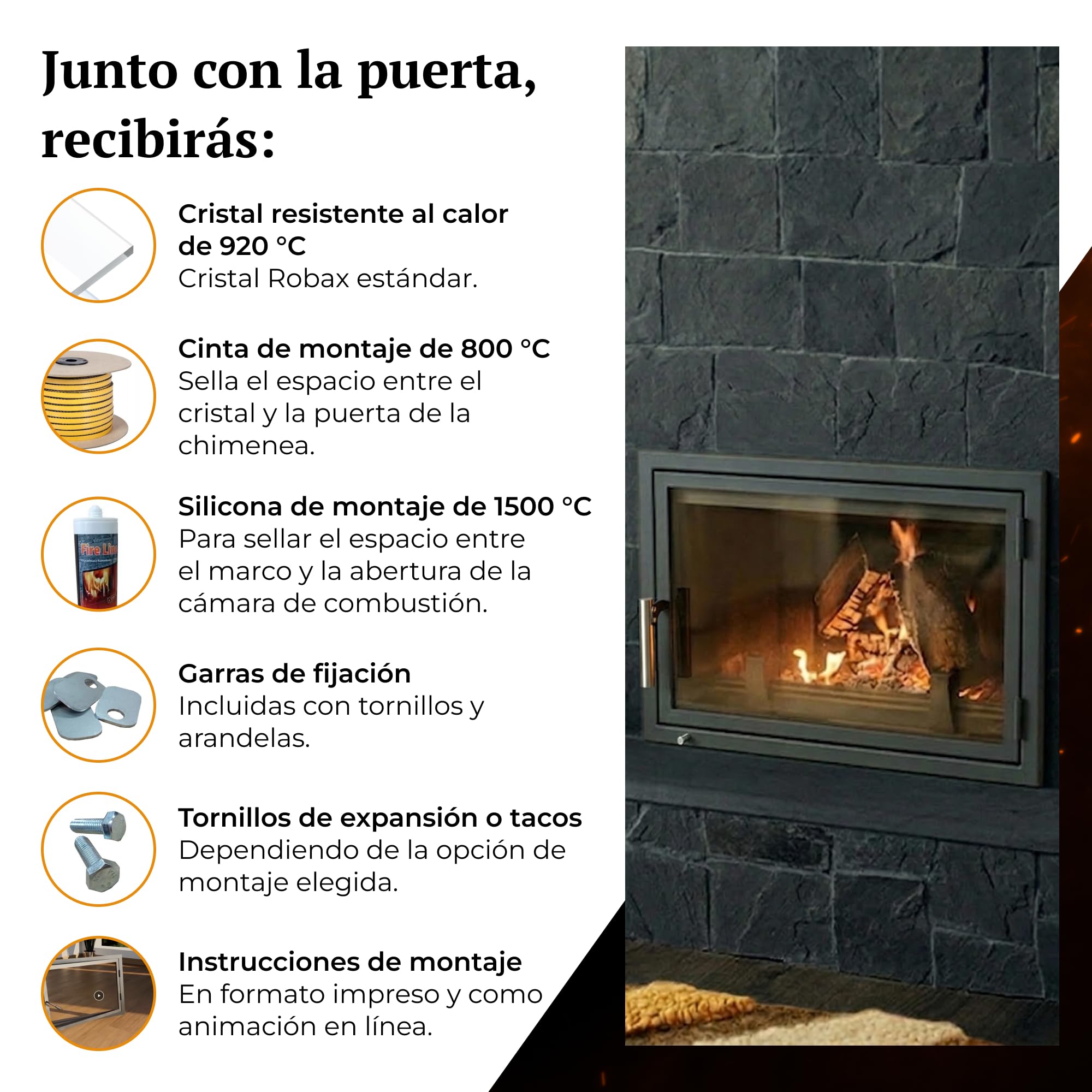 X6 | Puerta de Chimenea a Medida | Puerta para Chimenea, Estufa, Barbacoa y ahumador | Cristal vitrocerámico | Puerta de Acero con Marco | Versión Premium con Accesorios INOX