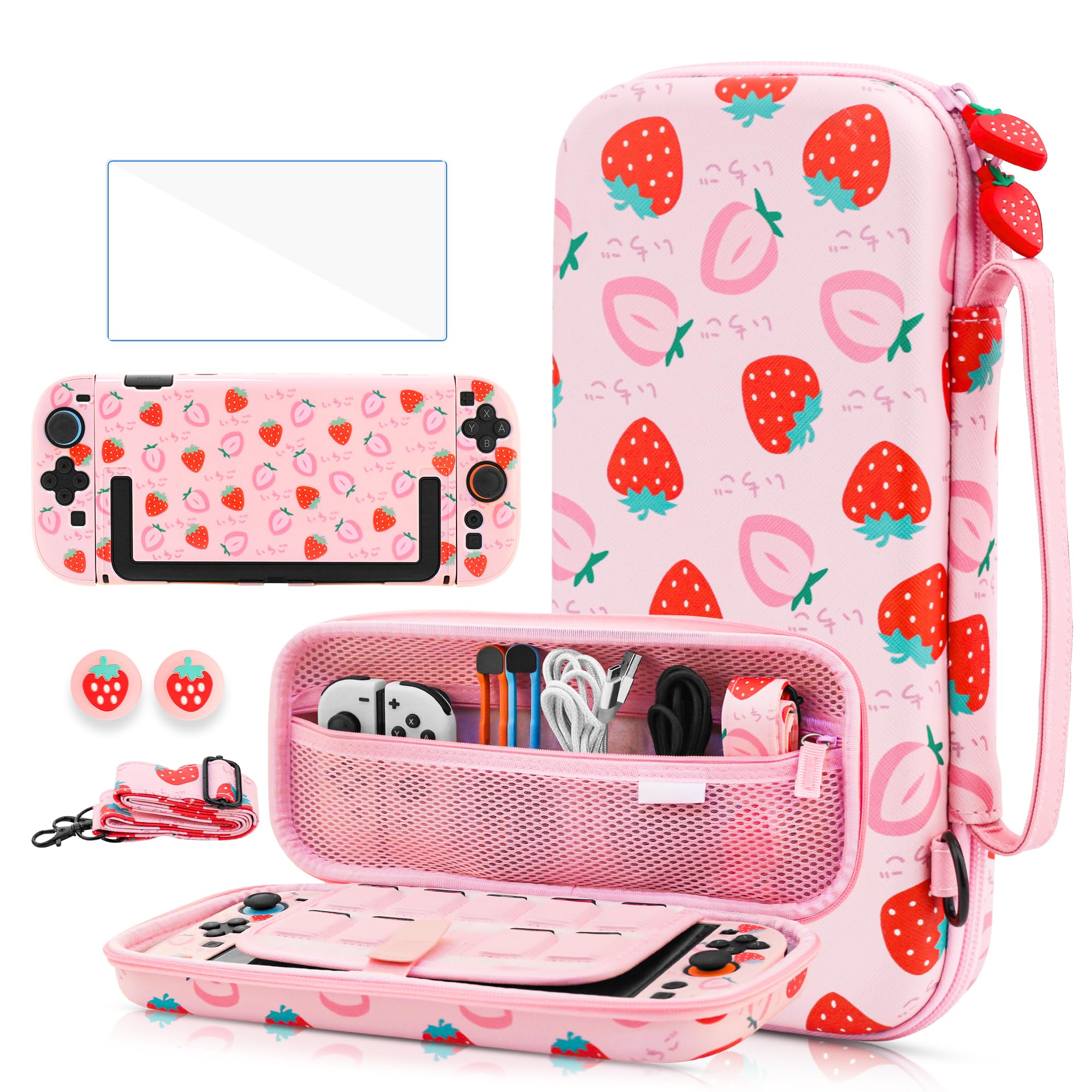 GLDRAM Custodia da trasporto rosa fragola per Nintendo Switch 2 (2025), set di accessori da ragazza carino con borsa da viaggio, custodia protettiva rigida in PC, pellicola protettiva, impugnature per