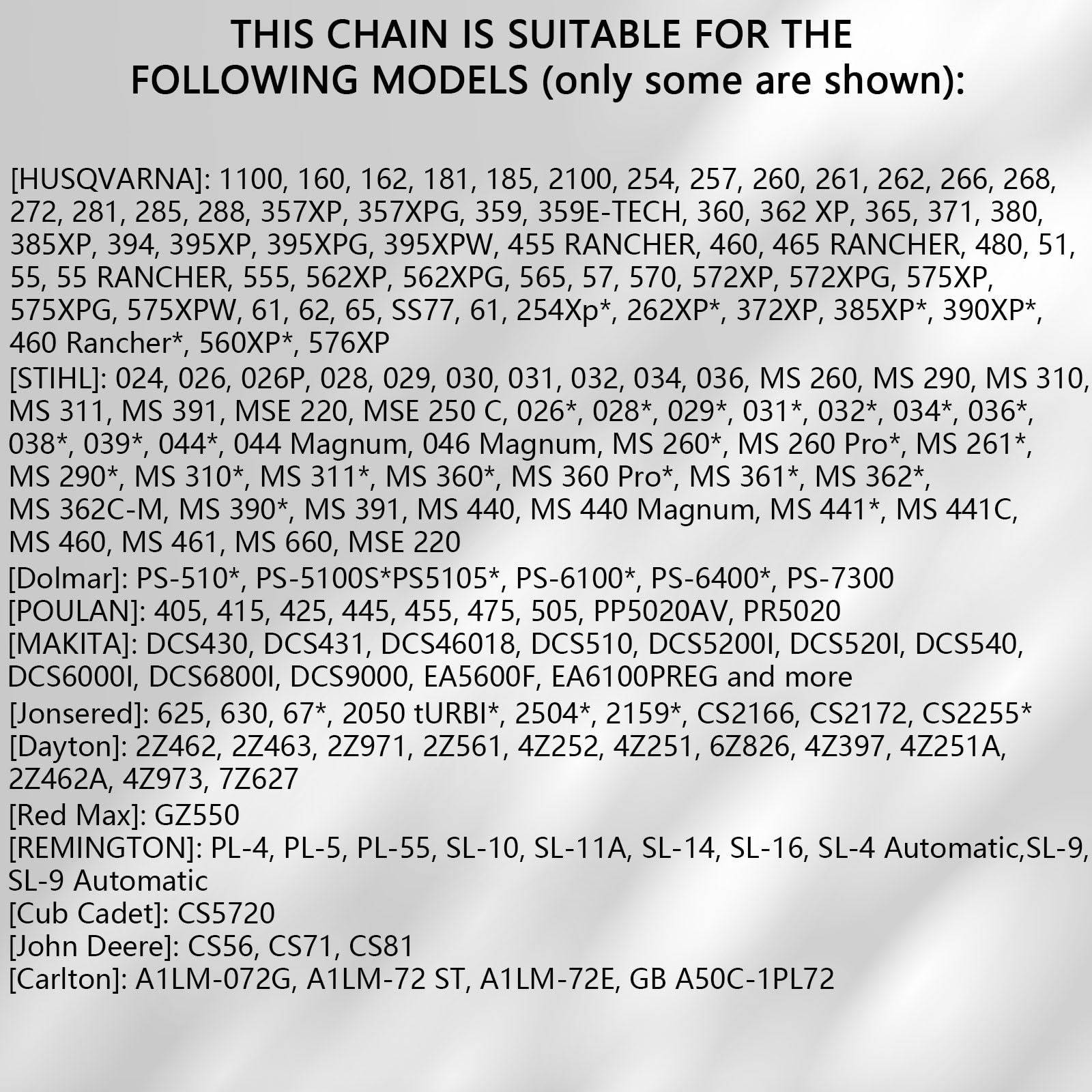 O-CONN Paquete de 4 cadenas de motosierra de 20 pulgadas, paso de 3/8 pulgadas, calibre .050 pulgadas, 72 eslabones de transmisión para Husqvarna 455, Stihl 026, Poulan, Makita y más