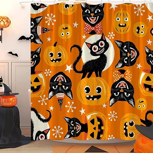 Cortina de ducha naranja de Halloween, divertida cortina de baño de gato negro retro de los años 70 espeluznante calabaza linda caricatura bruja
