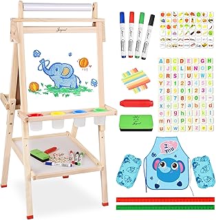 Joyooss Art Easel for Kids with Double-Sided Magnetic, Wooden Standing Kids Easel with Dry Erase Whiteboard & Chalkboard, Height Adjustable Children Easel with Paper Roll, Bonus Toddler Art Supplies