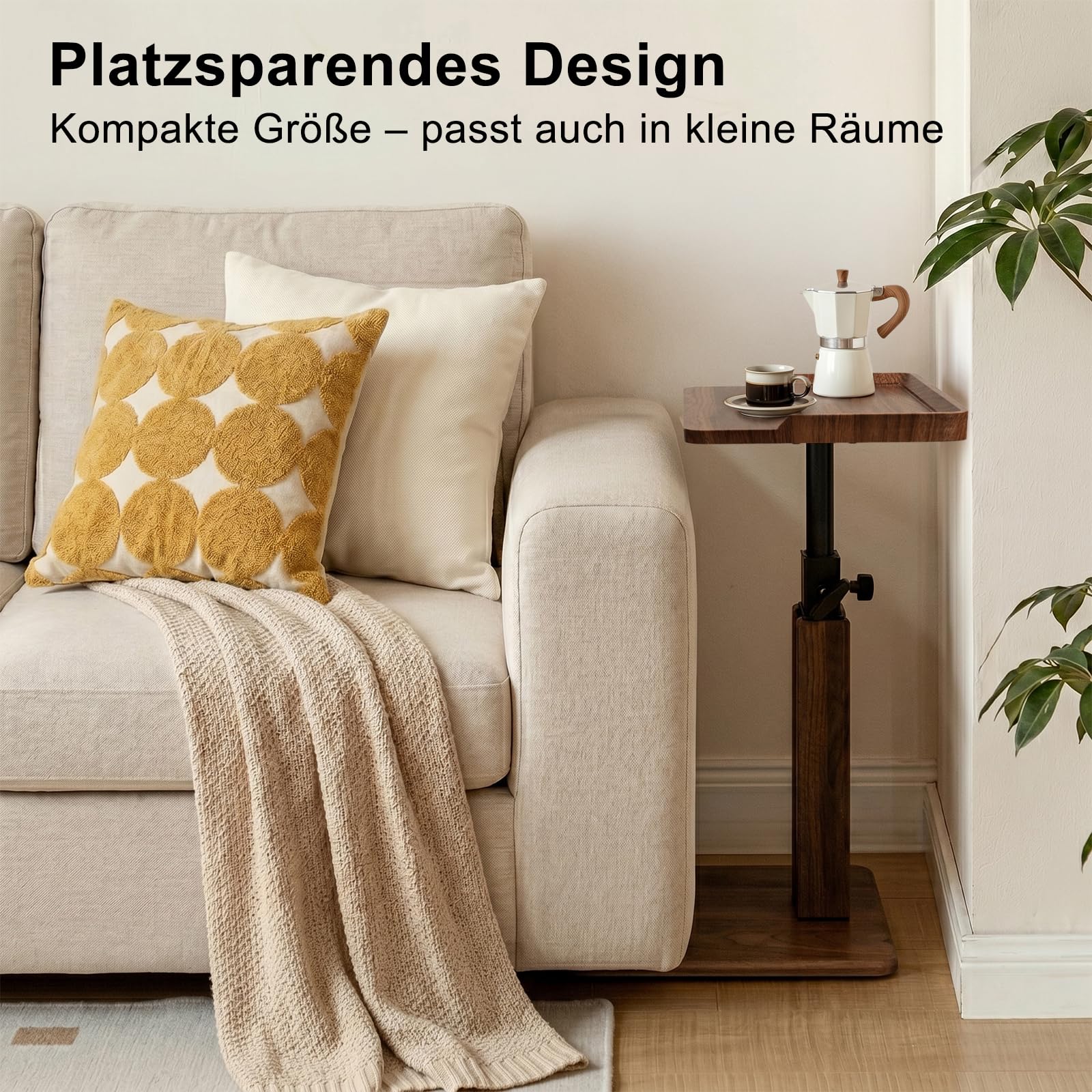 Beistelltisch Höhenverstellbar 45–80 cm, C Form Sofa Beistelltisch mit 3-seitigem Holzrand, Kleiner Sofatisch für Couch, Bett, Walnuss