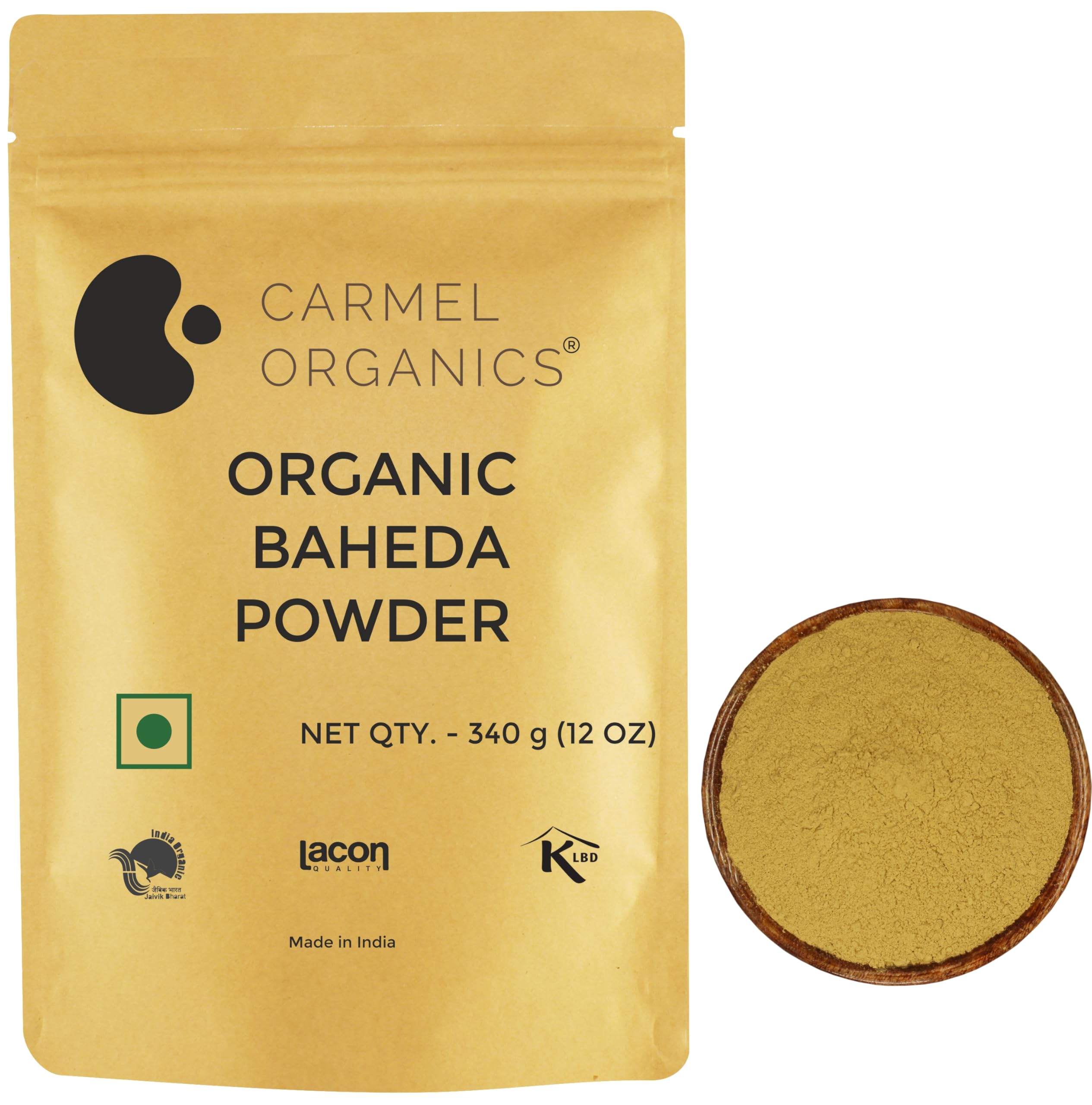 CARMEL ORGANICS Baheda Fruit Powder (340 Grams) (Pack of 1)| Jaivik Bharat Certified | Terminalia Bellirica | Tanni/Taani/Tadimma | Non GMO | No Added Preservative