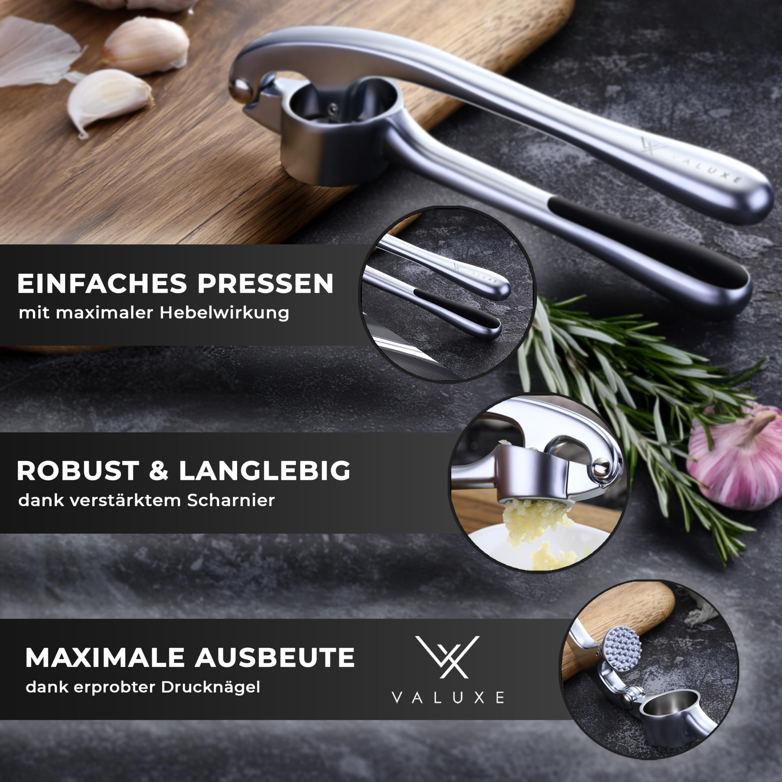 VALUXE® Knoblauchpresse spülmaschinenfest mit kraftvoller Hebelwirkung - Praktische Knoblauch-Presse - Profi Garlic Press Crusher, Handpresse hochwertig & robust