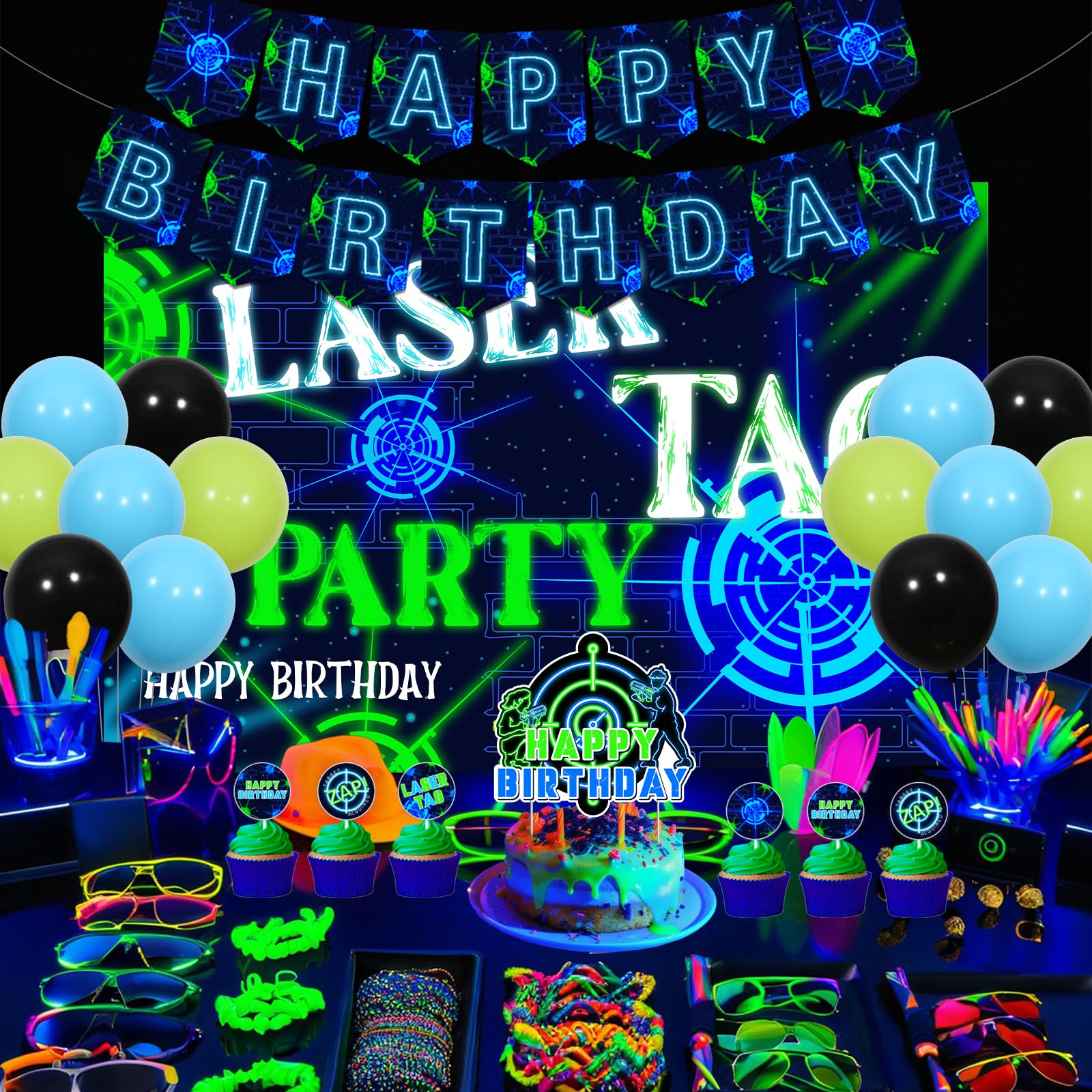 Fangleland Décorations D'anniversaire Laser Pour Garçons Et Filles, Bannière De Jeu De Tir Sur Le Thème Néon, Toile De Fond, Guirlande, Décorations De Gâteaux Et Ballons Fournitures De Fête
