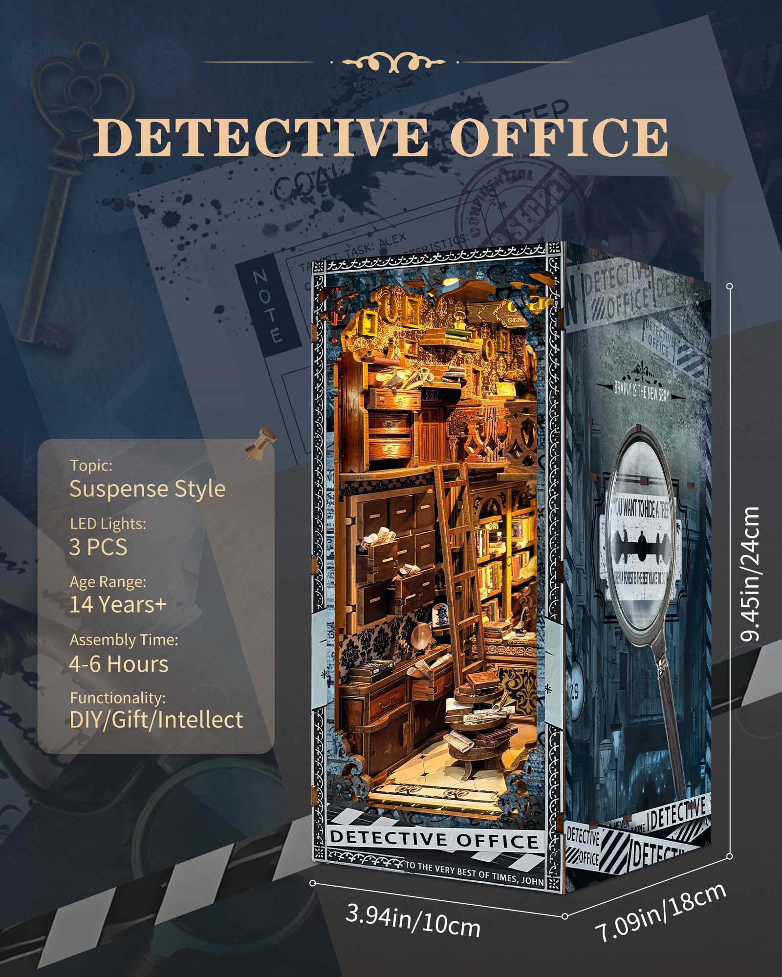 Quanquer Nook - Libro per detective con copertura antipolvere, con luce a LED, stampa 3D in legno, repliche in miniatura per uffici, librerie e mobili, regalo creativo per