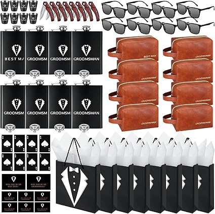 80Pcs Groomsmen Gifts Groomsmen Proposal Box with Flasks Sunglasses PU Leather Toiletry Bag Bottle Opener for Wedding Groomsman Best Man Gift (80, Brown)