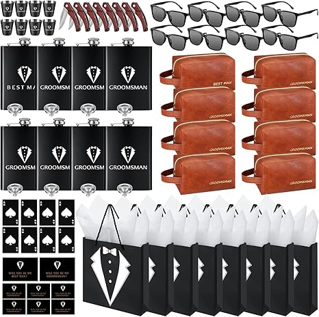 80Pcs Groomsmen Gifts Groomsmen Proposal Box with Flasks Sunglasses PU Leather Toiletry Bag Bottle Opener for Wedding Groomsman Best Man Gift (80, Brown)