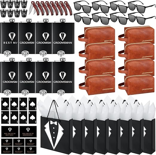 80Pcs Groomsmen Gifts Groomsmen Proposal Box with Flasks Sunglasses PU Leather Toiletry Bag Bottle Opener for Wedding Groomsman Best Man Gift (80, Brown)