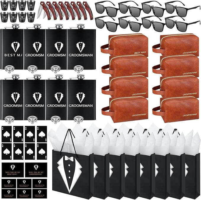 80Pcs Groomsmen Gifts Groomsmen Proposal Box with Flasks Sunglasses PU Leather Toiletry Bag Bottle Opener for Wedding Groomsman Best Man Gift (80, Brown)