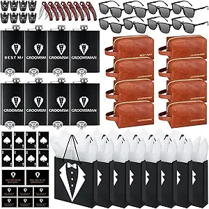 80Pcs Groomsmen Gifts Groomsmen Proposal Box with Flasks Sunglasses PU Leather Toiletry Bag Bottle Opener for Wedding Groomsman Best Man Gift (80, Brown)