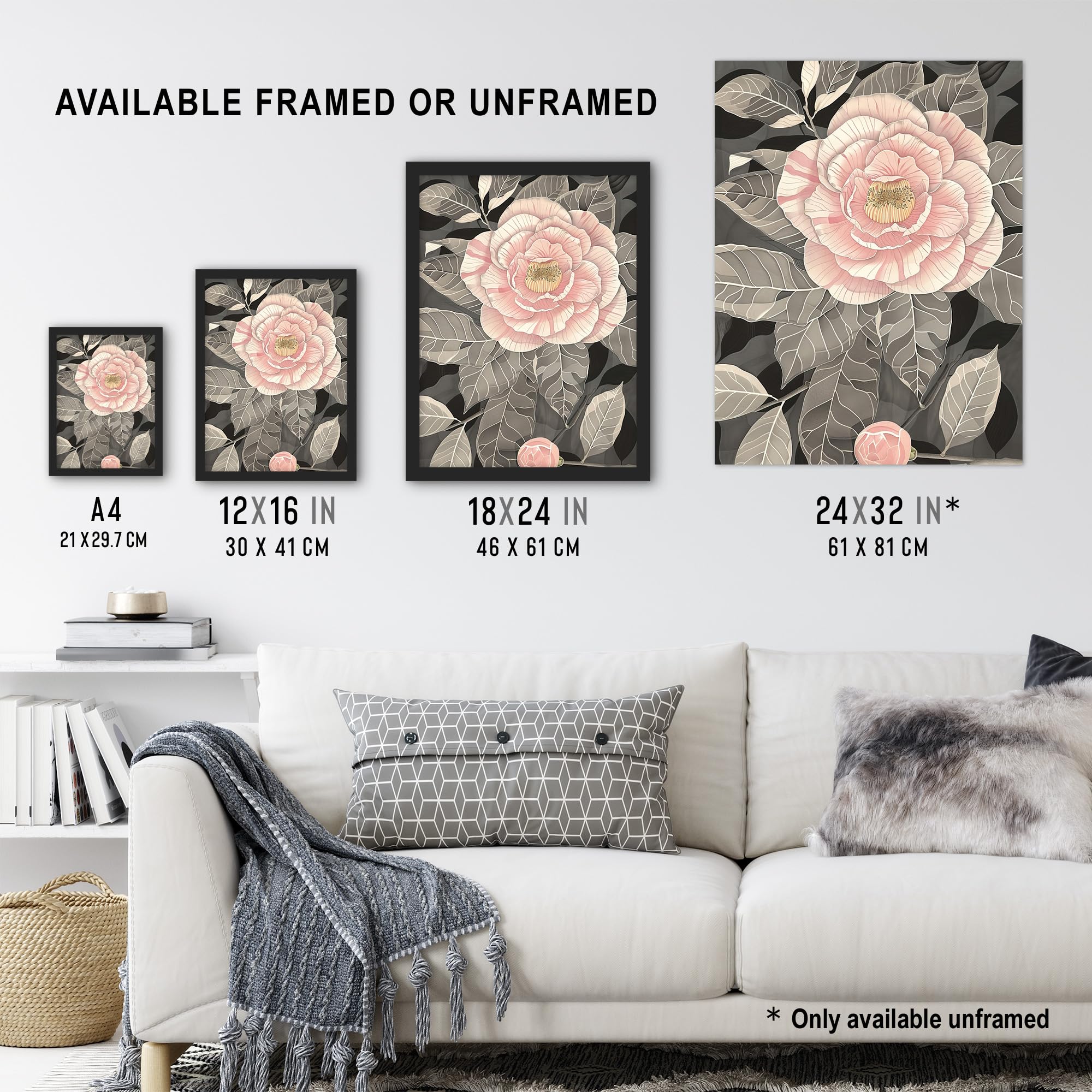 Artery8 Stylised Pink Camellia Flower Pastel Colour Living Room Extra Large XL Wall Art Poster Print, Unframed 24X32", 81L x 61W cm - Image 3