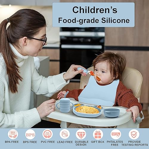 Miniatura 9 de Juego de alimentación de silicona para bebés, suministros de destete para bebés, plato de succión y tazón, cucharas de autoalimentación, taza