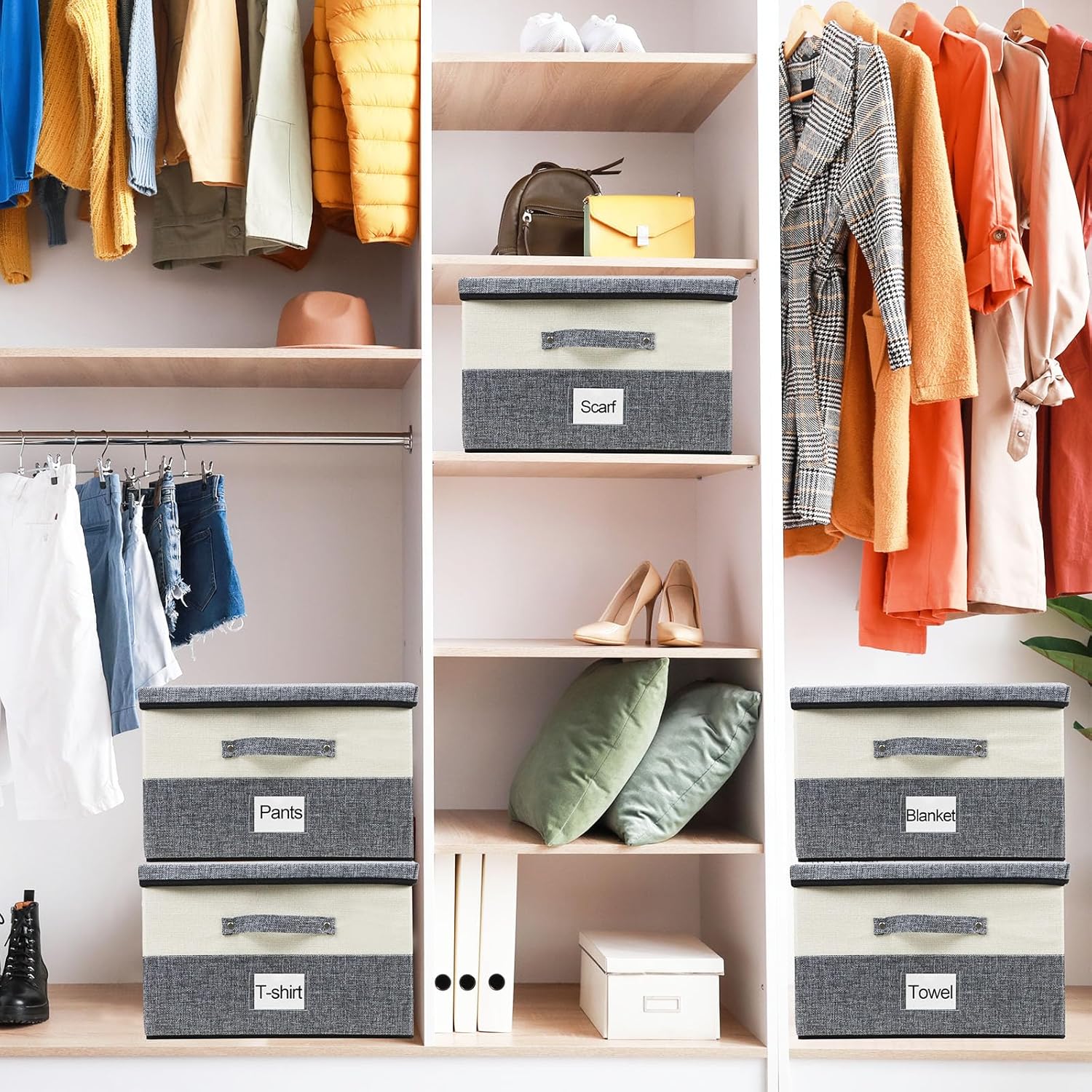 折りたたみ式ストレージビン 蓋付き 4個パック 折りたたみ式ファブリック収納ボックス 蓋とラベル付き 大きな積み重ね可能なストレージ