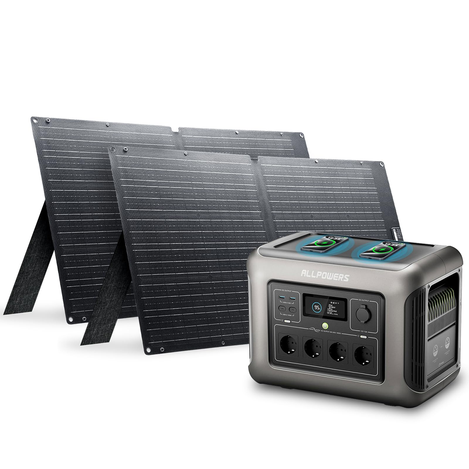ALLPOWERS R1500 générateur solaire 1152Wh avec 2 panneaux solaire de 100W | batterie LiFeP04, 2 x Chargement rapide sans fil 15W, fonction UPS, Entrée maximale de 1500W, camping, extérieur