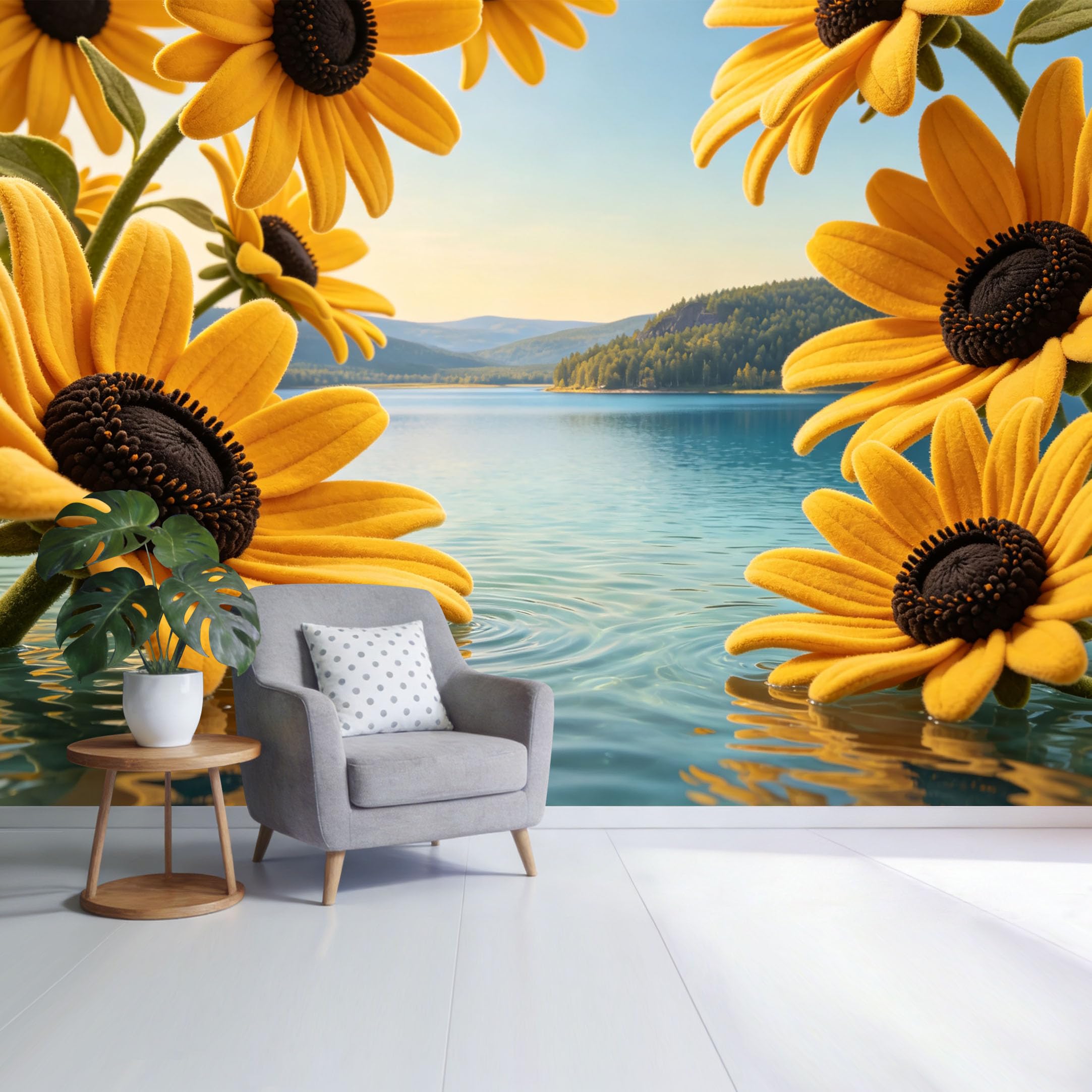 Custom Size Wall Mural Yellow Sunflower Lake Landscape Mountain View Botanical Nature Scene SelfAdhesive Wall Fabric Removable Wallpaper for Home Office Decor