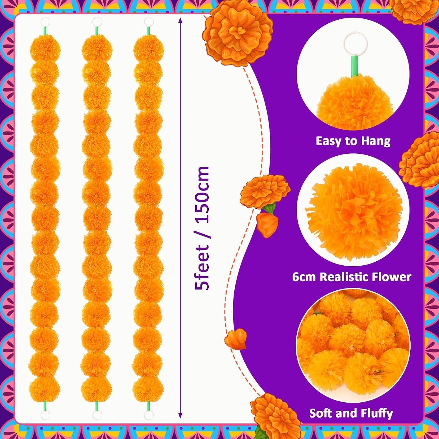 JUNEBRUSHS 8 PCS Marigold Garland, 5 Feet Long Artificial Marigold Flowers Garland Bulk Diwali Indian Decorations for Home Pooj Dia de Los Muertos Day of The Dead Wedding Party, Orange