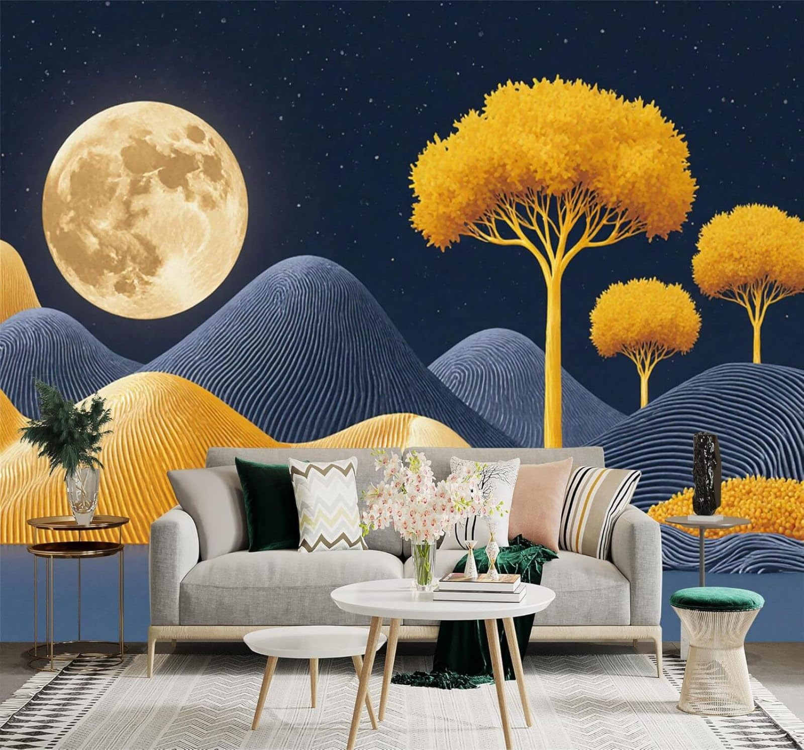 XLMING Golden Moonlight Starry Sky Yellow Trees Blue Hills Landscape 3D Wallpaper Silky Texture Home Study Office Grey Dining Room Sofa Bedroom Living Room TV Backdrop-300cm×210cm