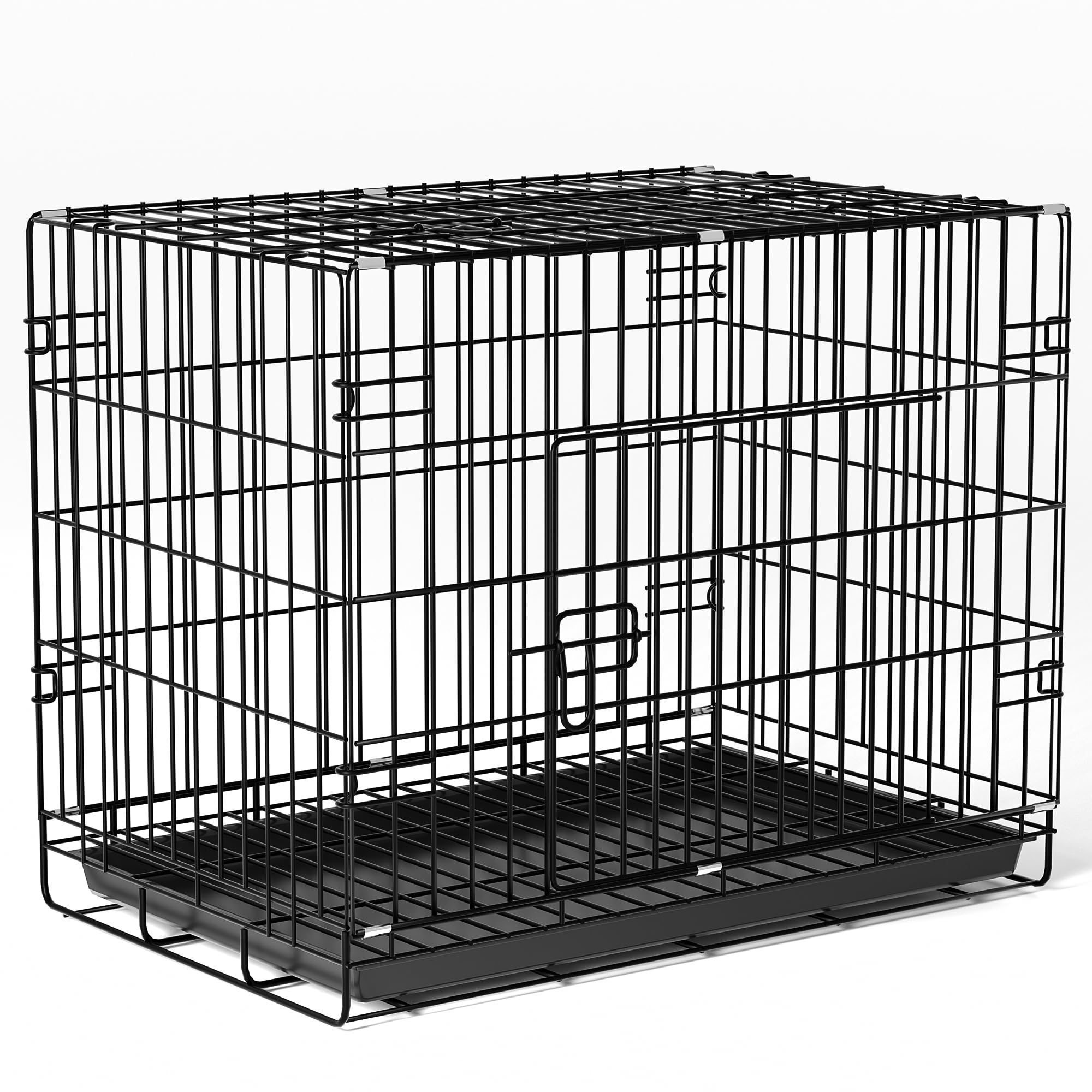 UHOUSEST Double Door Dog Crate, Foldable Metal Wire Kennel with Removable Leak-Proof Tray, 90x56x70cm, Black, Metal, for Indoor and Outdoor Use
