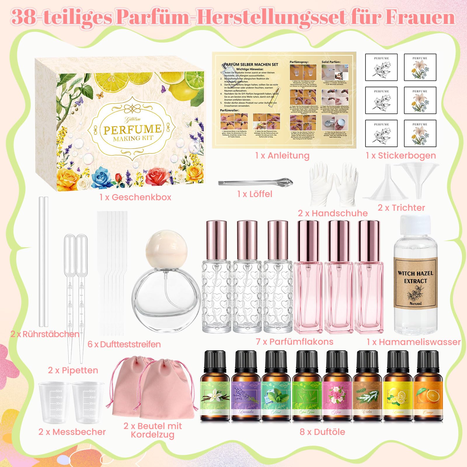 Parfüm Selber Machen Set, Damen Perfume Oil Making Kit, Kreative Bastelset Erwachsene DIY mit Ätherisches Öl, Langlebiges Mini Düfte als Geschenk für Frauen/Mädchen/Männer