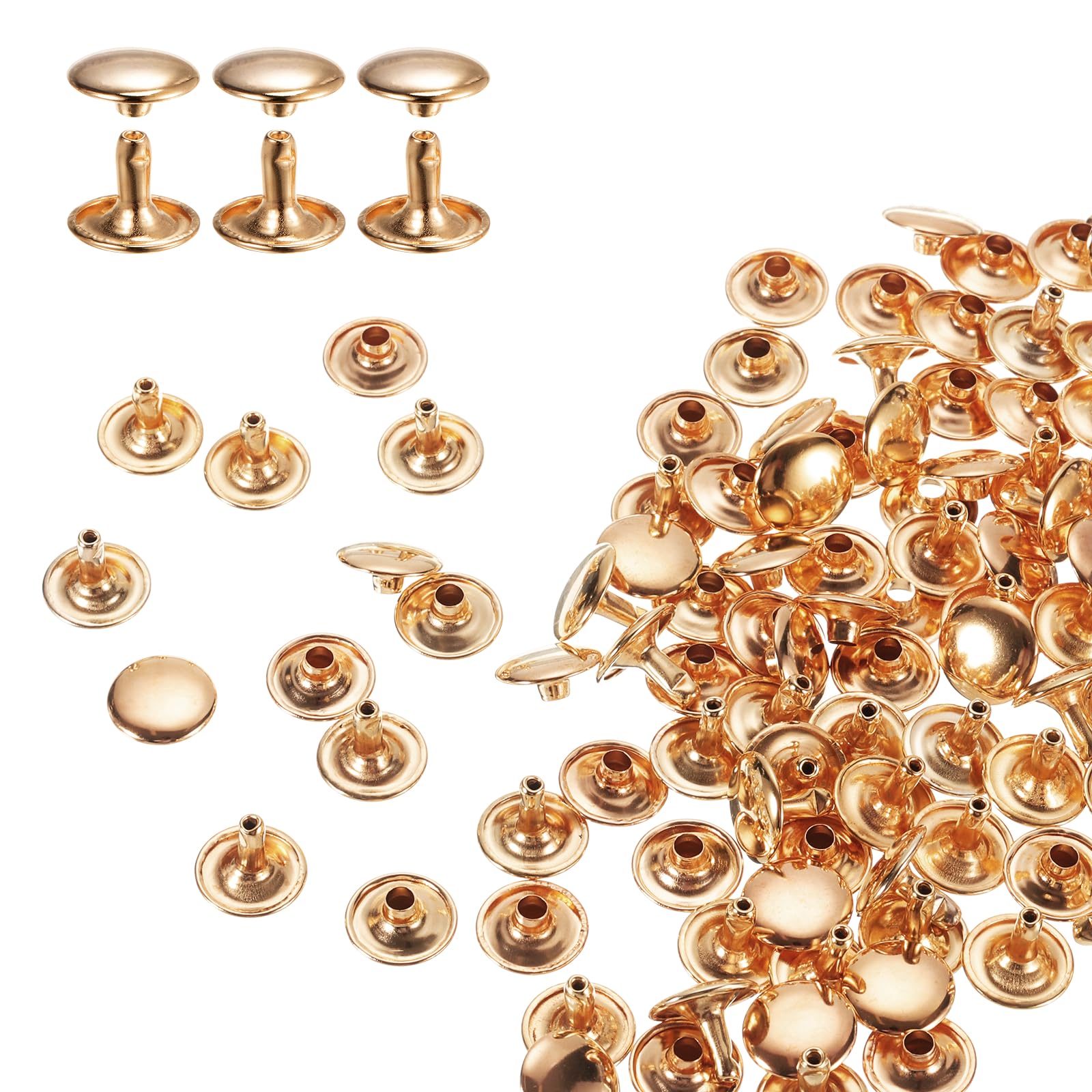 sourcing map 80 Sets Double Cap Rivets 12x10mm Carbon Steel Round Head Snaps Studs Fasteners Tubular Metal Studs for Leather Craft Repairs Decoration, Light Gold