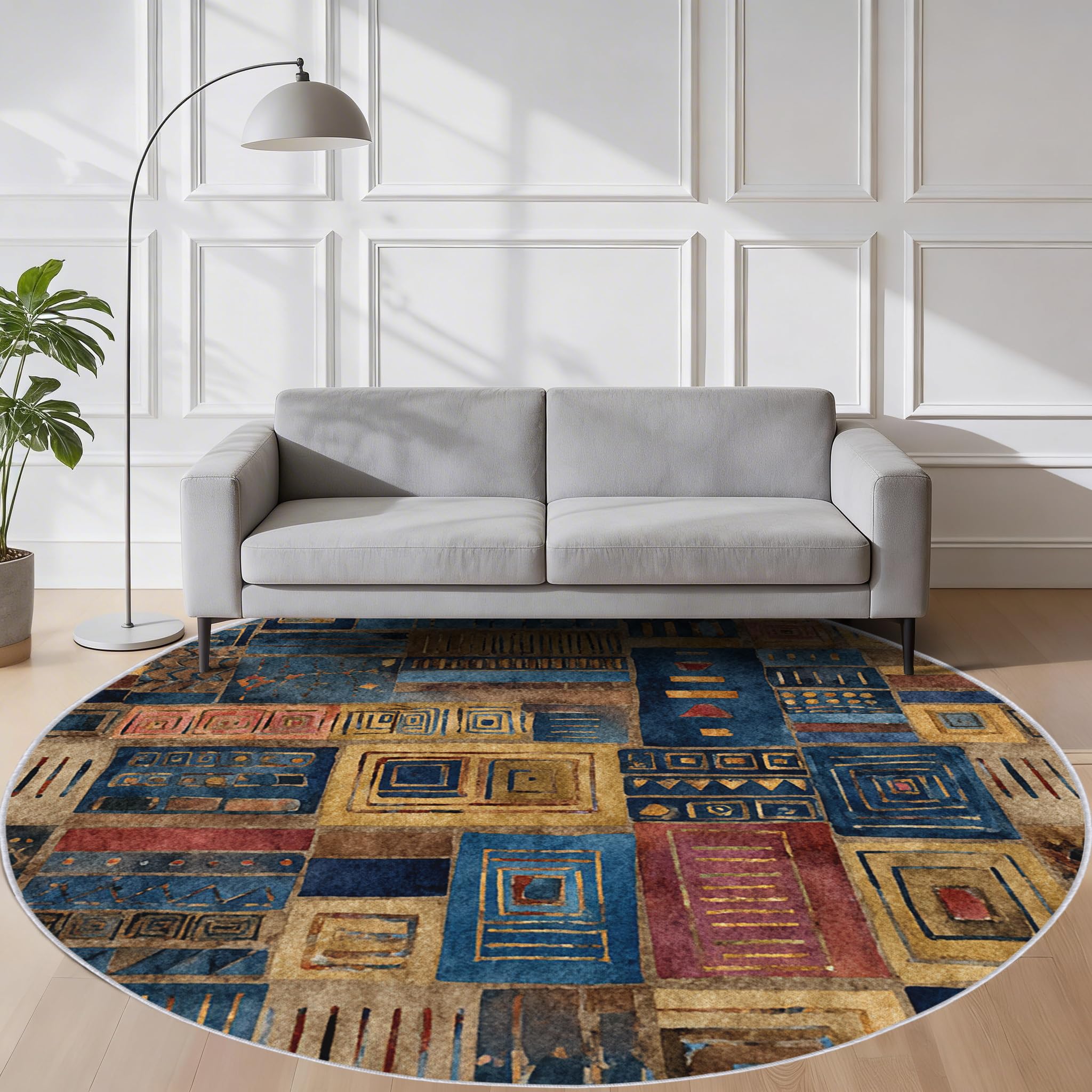 Tapis Rond Marocain Salon Chambre 100 cm de Diamètre | Motif Afrique Bleu Jaune, Antidérapant, Lavable, Poil Ras, Doux Carpet, Decoration, Moquette, Paillassons
