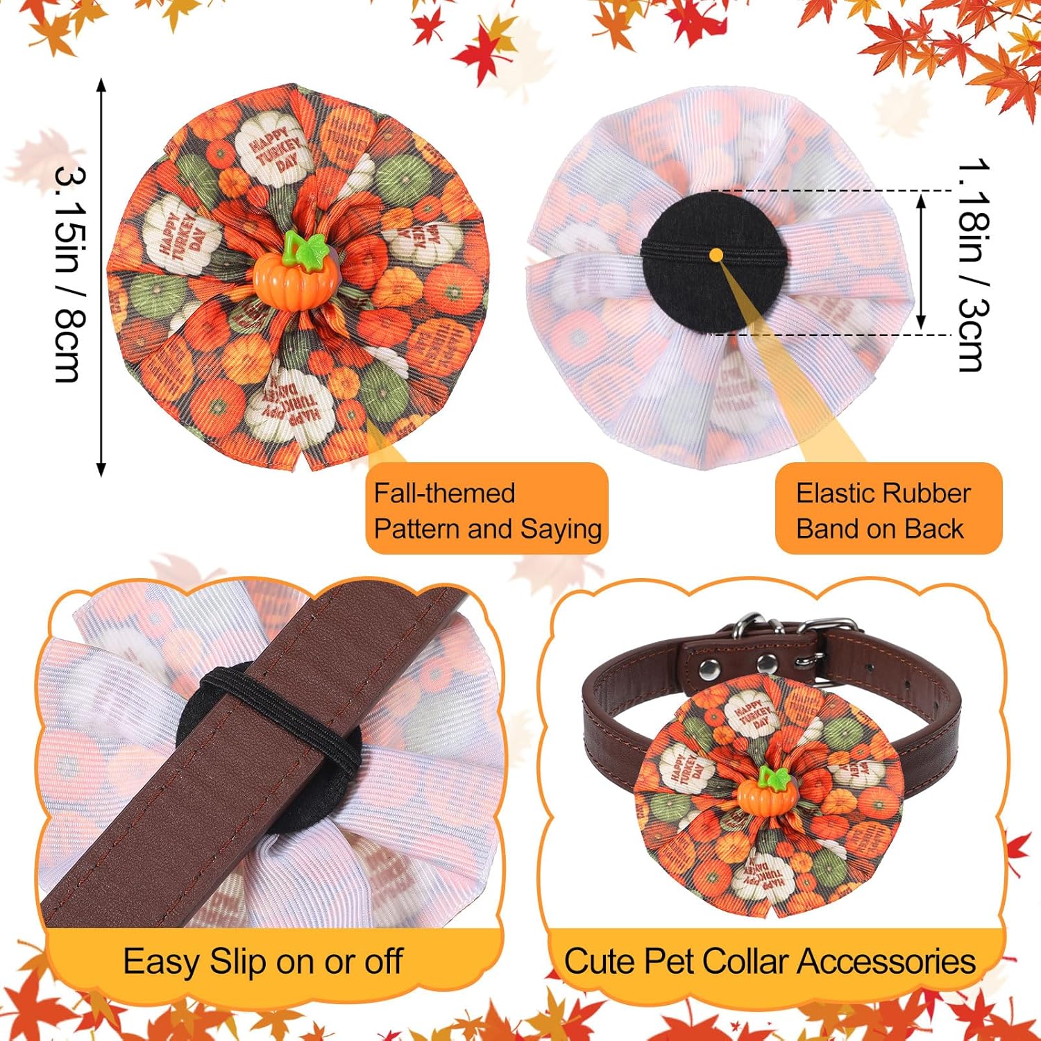 Silkfly 200 Pcs Fall Dog Collar Flowers Charms Bulk Thanksgiving Pet Flower Collar Bow Ties Holiday Dog Accessories Grooming Supplies Puppy Bows Slides Attachment for Small Medium Large Dogs Cat