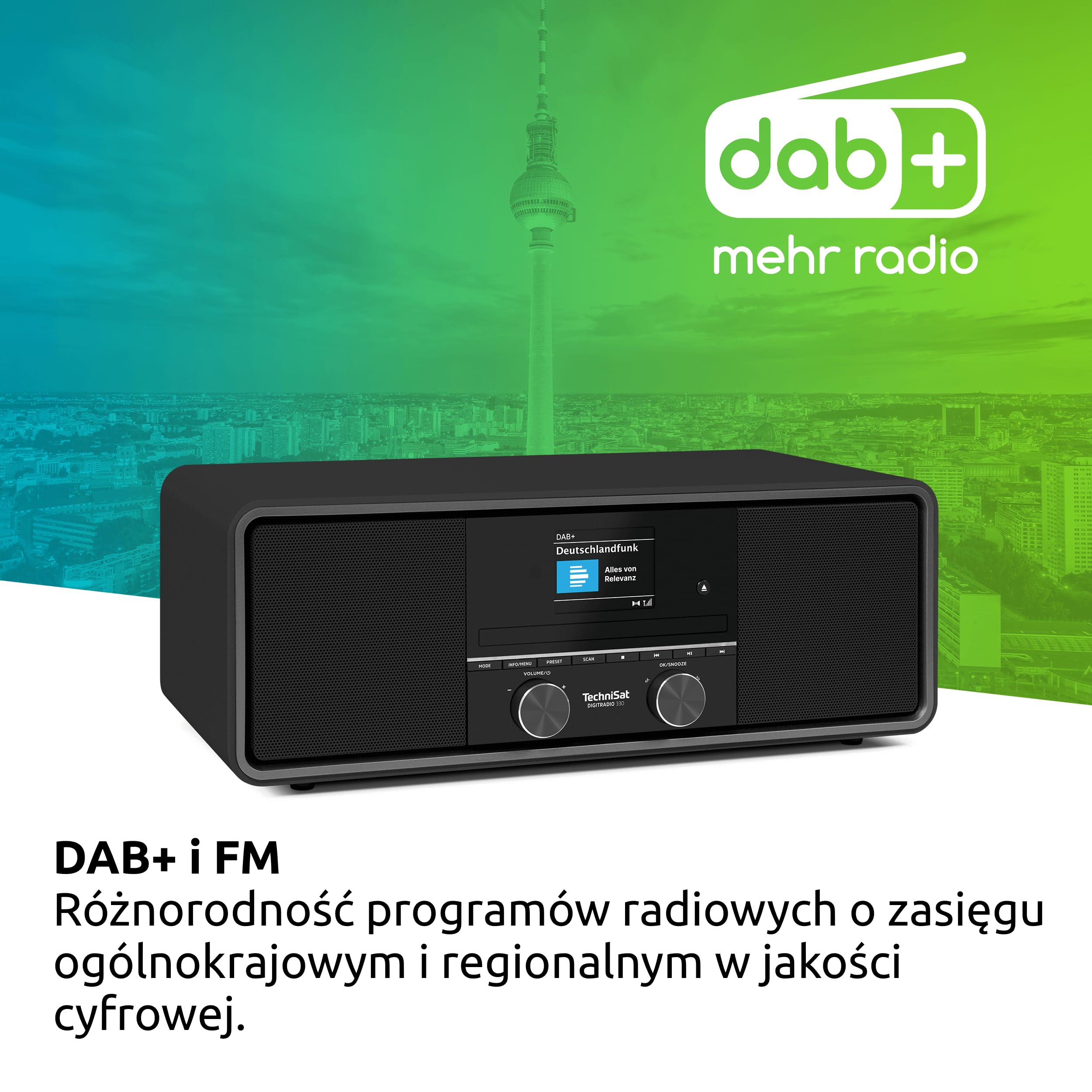 TechniSat DIGITRADIO 330 – radio stereo DAB+ FM z odtwarzaczem CD (Bluetooth 5.3, odtwarzanie MP3 z USB i funkcja ładowania, kolorowy wyświetlacz 2,4", budzik radiowy, pilot) czarne