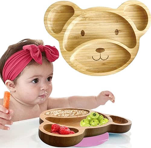 Miniatura 1 de Platos de bambú para niños  Placa de succión de bambú para bebés y niños pequeños para la alimentación y el destete  Promueve la autoalimentación