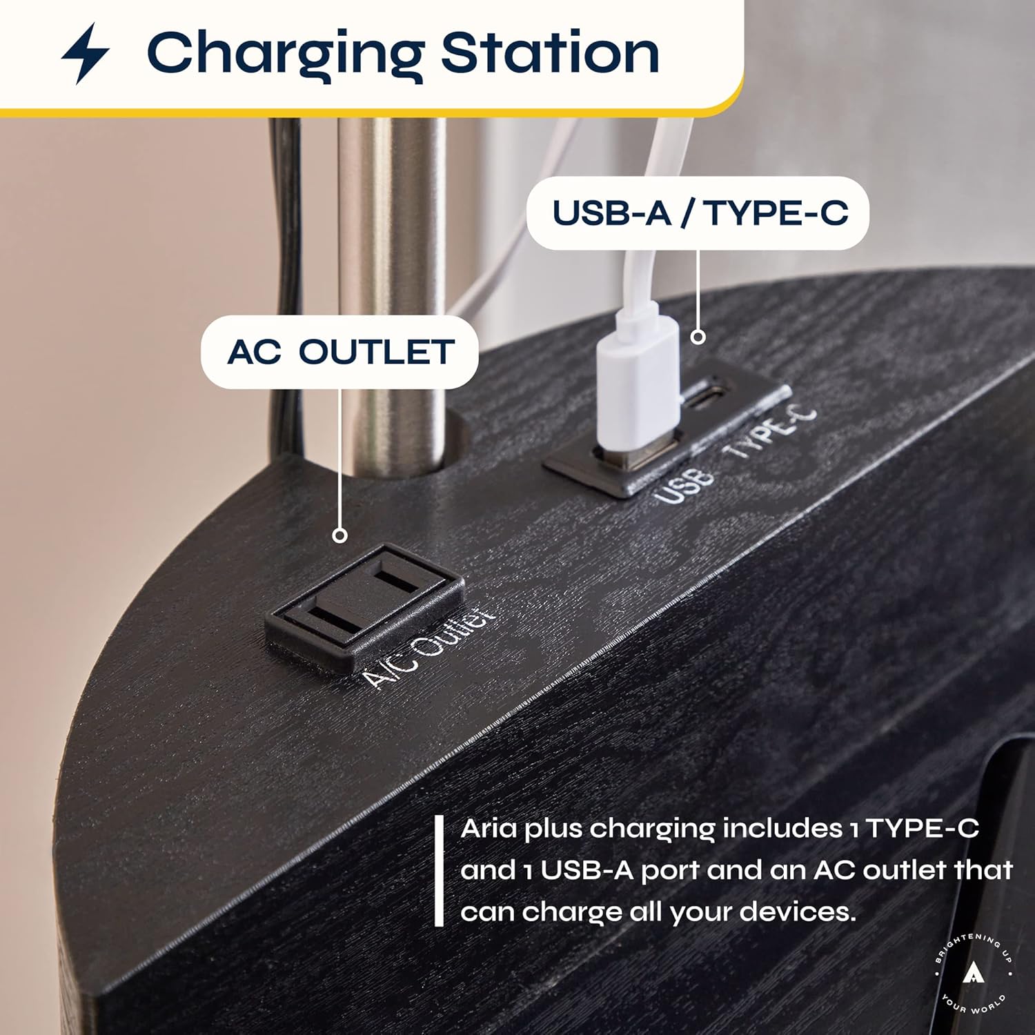 ATAMIN Aria Plus - 72" Modern Tall LED Floor Lamp with USB-C & AC Outlets, Black