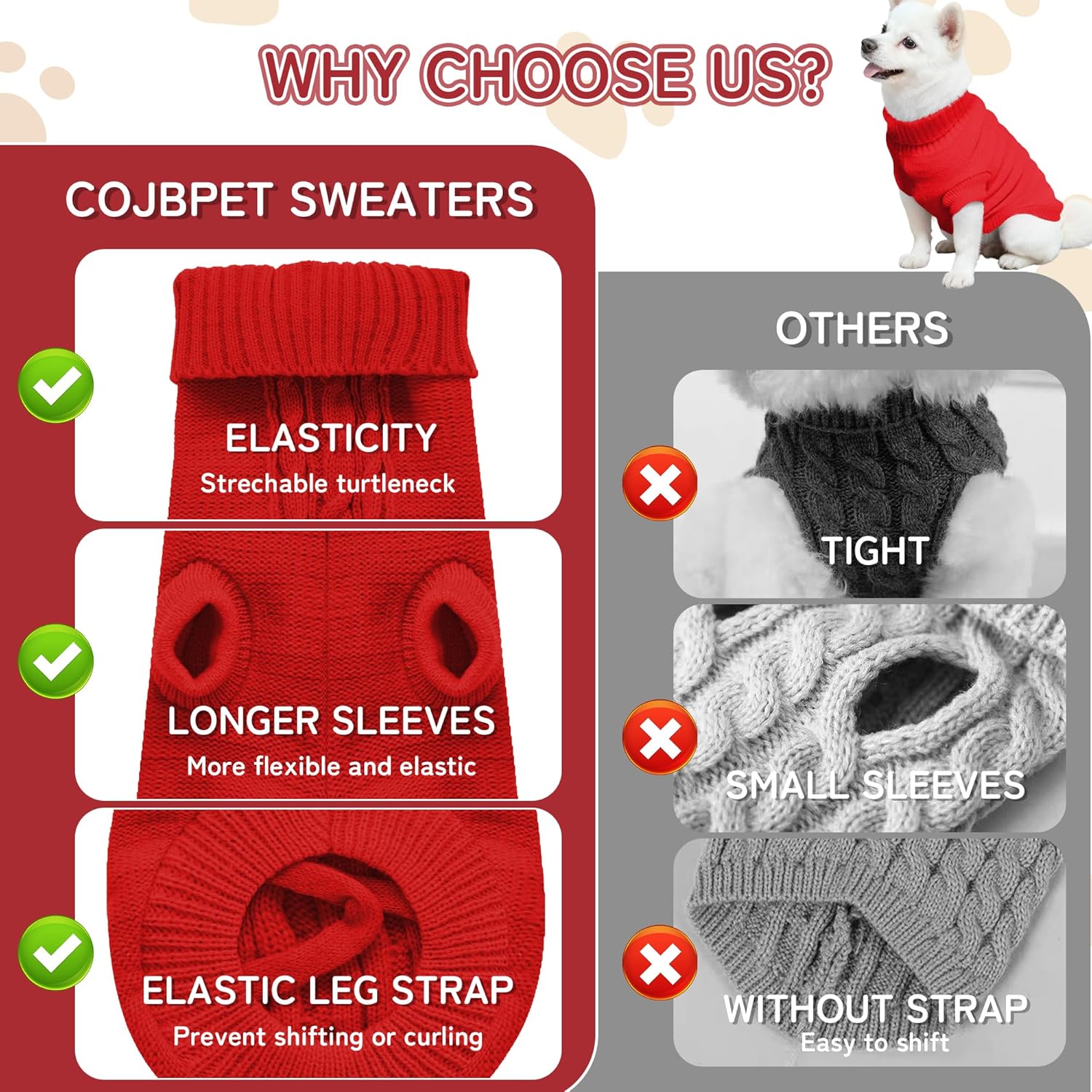 Knitted Dog Sweater for Small Dogs, Pullover Turtleneck Pet Sweaters, Winter Dog Clothes, Warm Soft Winter Holiday Cat Sweater, Red, XS