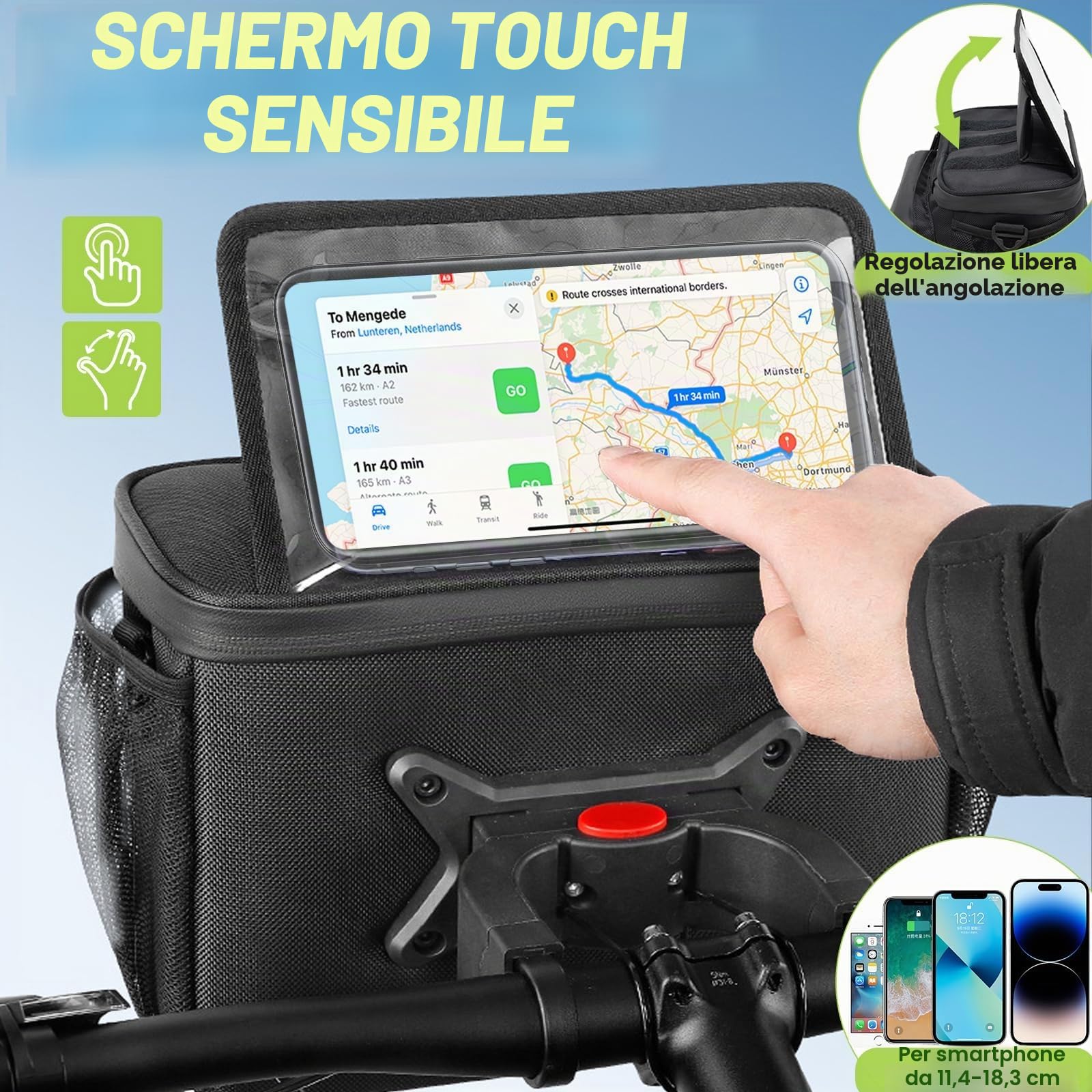 FINEW Borsa da manubrio per bicicletta con adattatore elettrico, 6 l, impermeabile, supporto cellulare, touchscreen, tracolla rimovibile, parapioggia