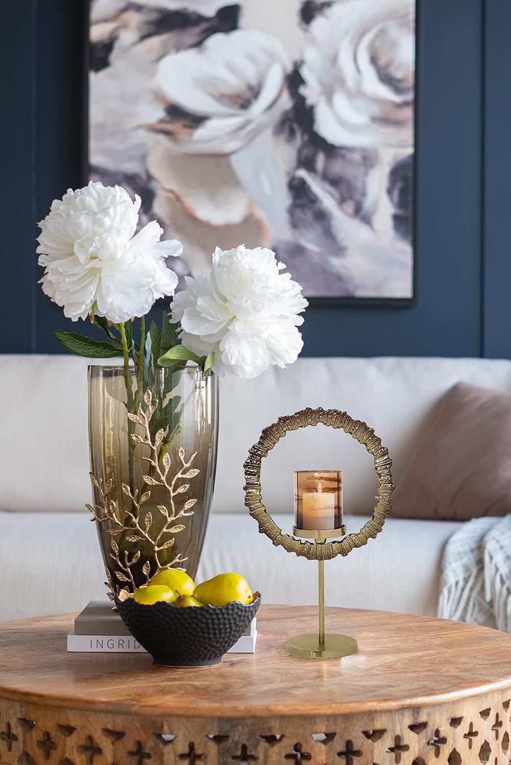 A&B Home Gold Ring Candle Holder - Large Candle Hoder with Glass Hurricane, Decorative Tabletop Lighting, Living Room Coffee Table Accent Piece Dining Table Centerpiece, 12" x 6" x 21"