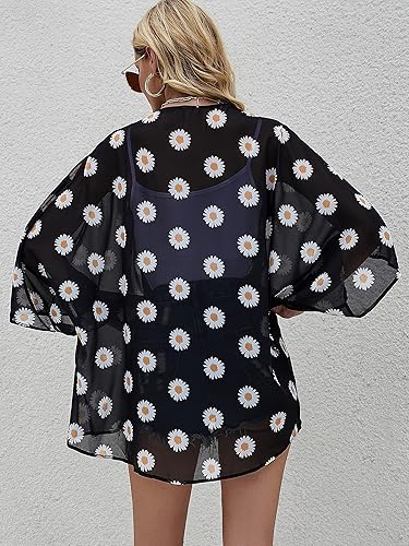 Miniatura 6 de Chunoy Cárdigan estilo kimono de gasa para mujer, ligero, con estampado floral, holgado, de manga corta, salida de baño, blusa para la playa