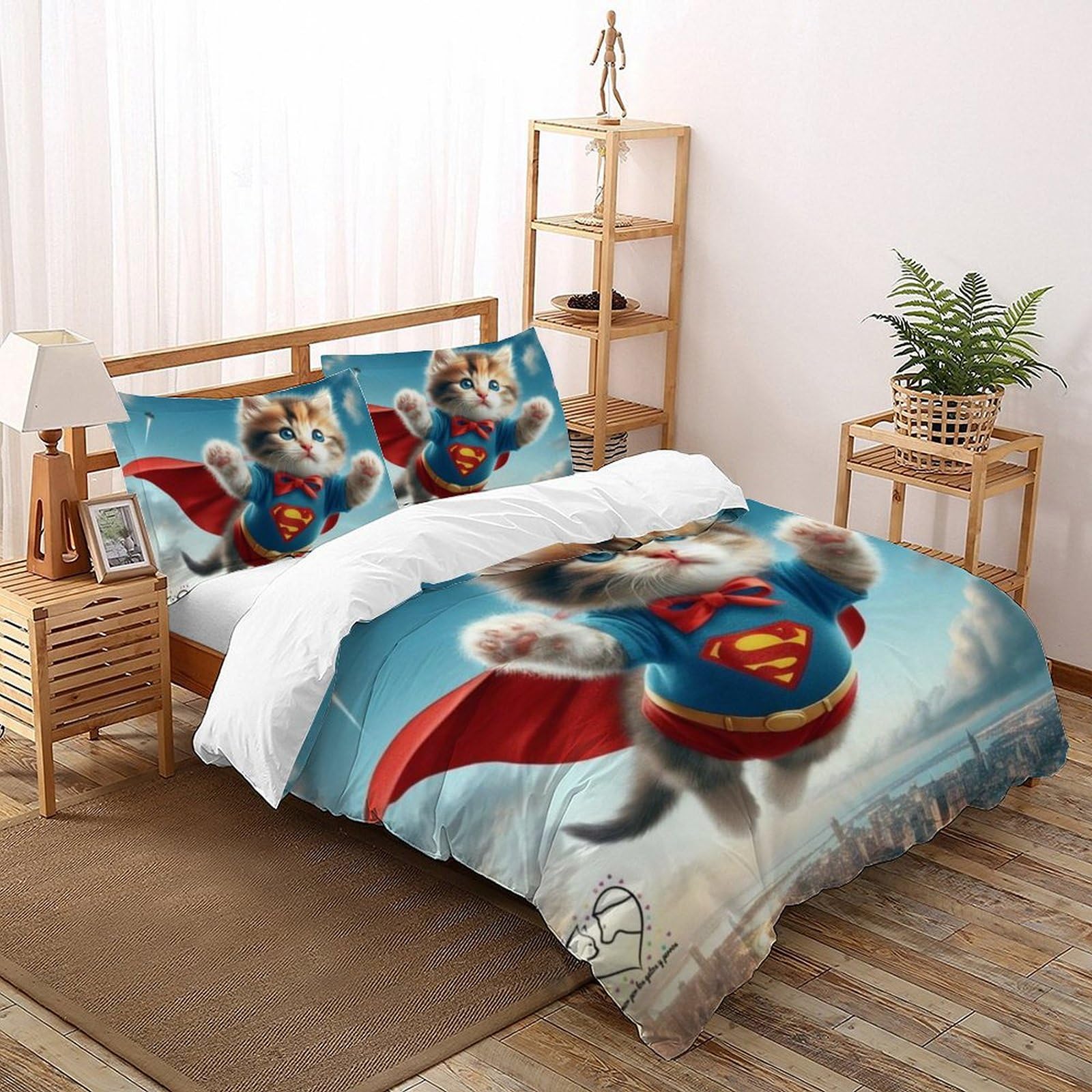 Housse de couette animaux pour chambre d'enfant : lit Super King 260x220cm Le Chat Volant microfibre
