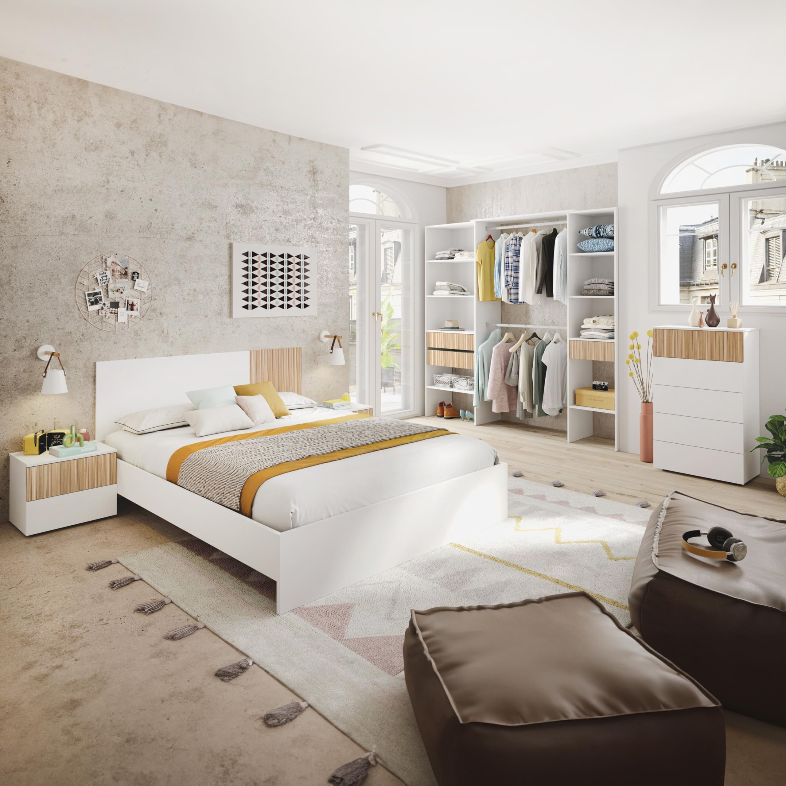 duehome | Pack Cabecero y 2 Mesitas de Noche, Dormitorio Doble, Dormitorio Completo, Modelo Nitza, Acabado en Blanco Artik y Natur