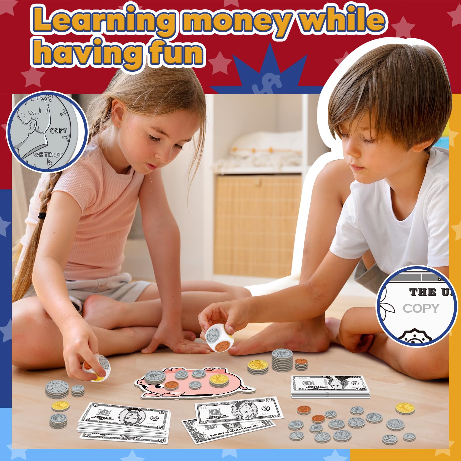 Dinero de juego de simulación para niños para aprender, manipuladores de matemáticas para niños pequeños, juegos de matemáticas para enseñar, contar, juegos de cartas educativas, facturas y 7