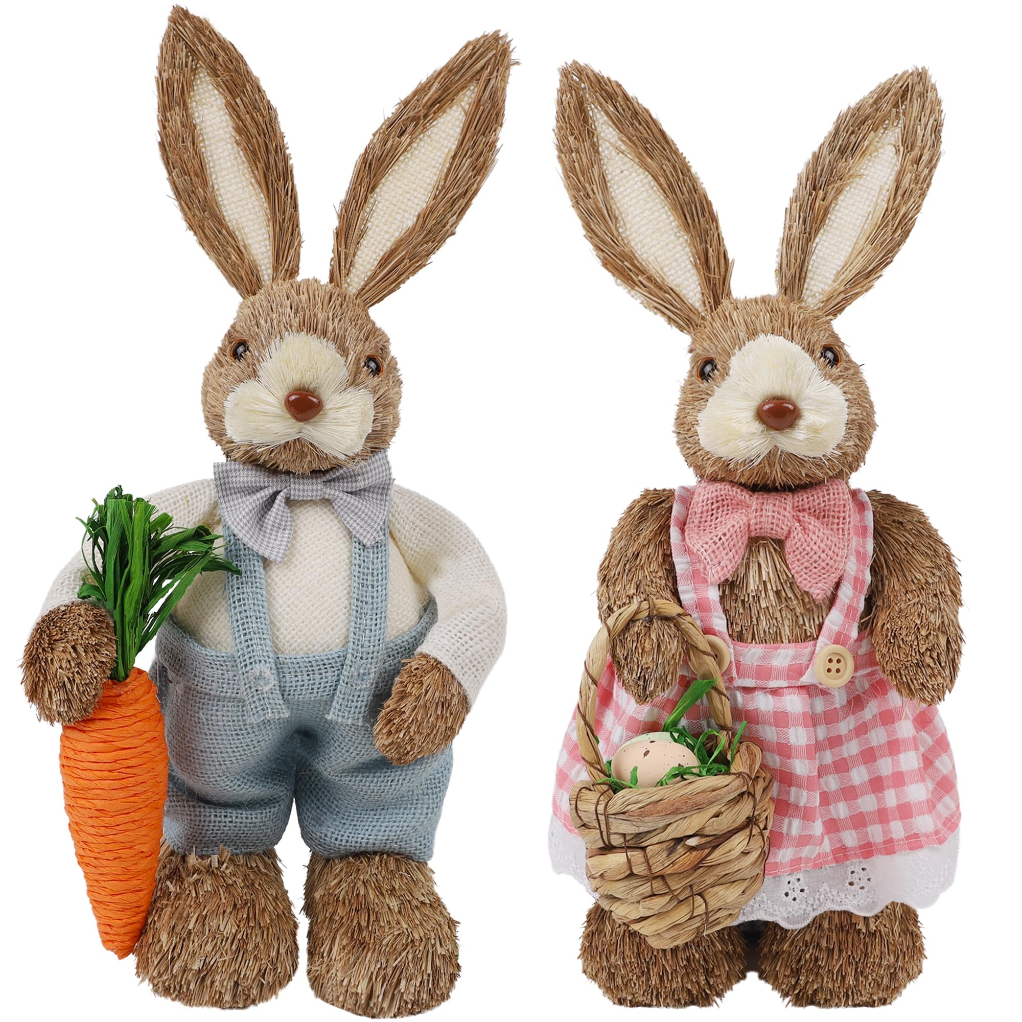 DR.DUDU Set of 2 Easter Decorations Bunny, 14" Straw Bunny Figurine Tabletop Decor, Bunny Couple Statue with Carrot Eggs, Sisal Rabbits Spring Decor Centerpiece for Home Table Office Kitchen Farmhouse