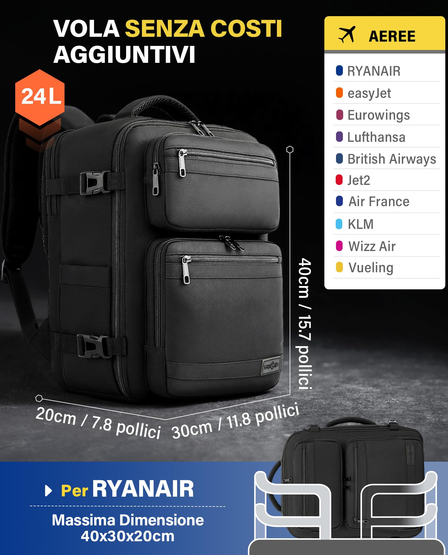 VANKEV Ryanair Easyjet Eurowings Wizz Air Zaino da Viaggio Aereo 40x30x20cm-24L, Bagaglio a Mano Per Viaggio Zaino per Laptop Adatto da 15,6 Pollici nero