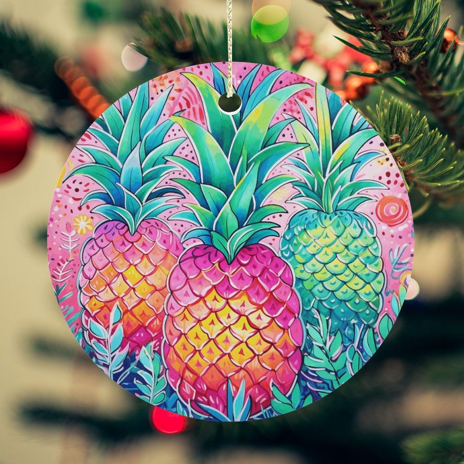 Three Big Pineapples Christmas Ornament for Christmas Tree Ceramic Round Ornament Winter Holiday Keepsake Gift 2.7" Christmas Tree Hanging Decorations Circle Ceramic Pendant Xmas Gift