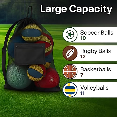 Miniatura 3 de Handy Laundry Mesh Ball Bag - Up to 15 Balls Large Capacity Sports Equipment Bag Carrier with Adjustable Strap and Drawstring Closure - For Soccer,