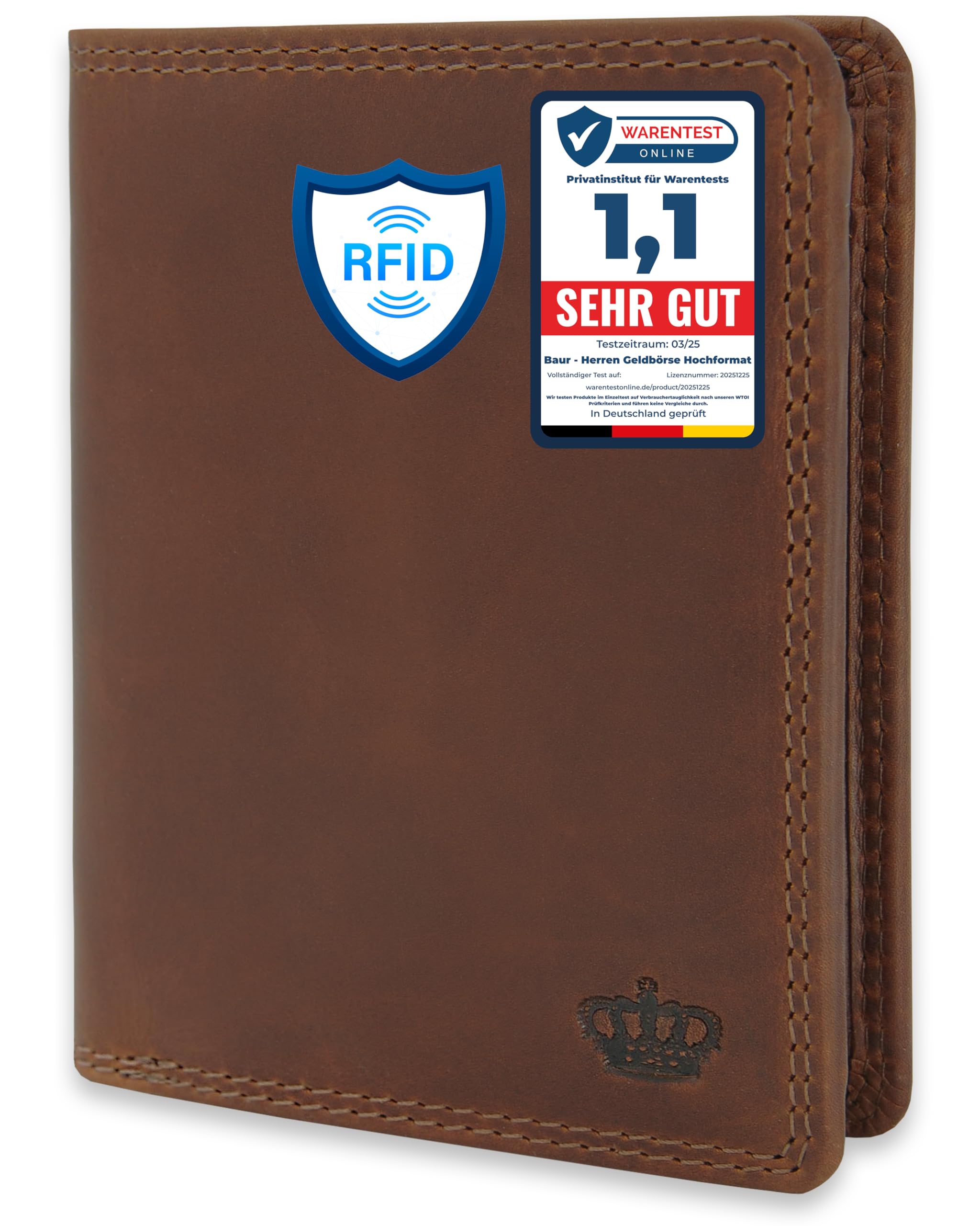 Baur portafoglio da uomo – vera pelle con protezione RFID – portafoglio grande verticale con 12 scomparti carte – ampio scomparto portamonete (Formato verticale con bottone interno, Marrone scuro)