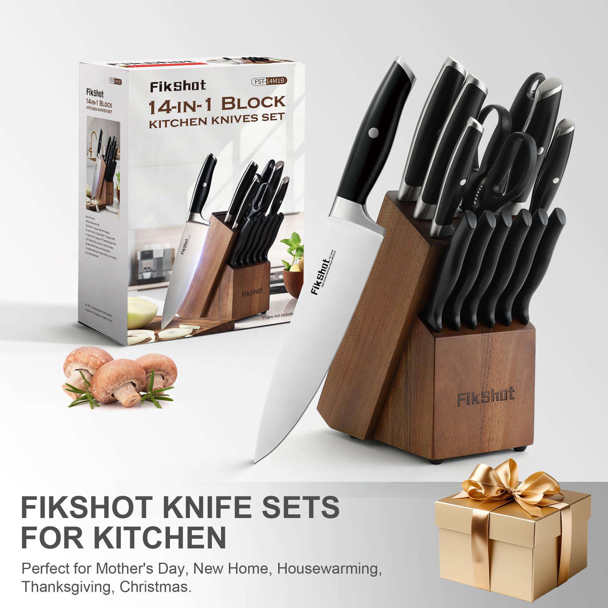 Knife Block Set, FIKSHOT Kitchen Knife Sets, High Carbon Stainless Steel Full Tang Knife set, Razor-Sharp Blade Rust Resistant, Professional Chef's Knife for Home Cooking (BLACK)