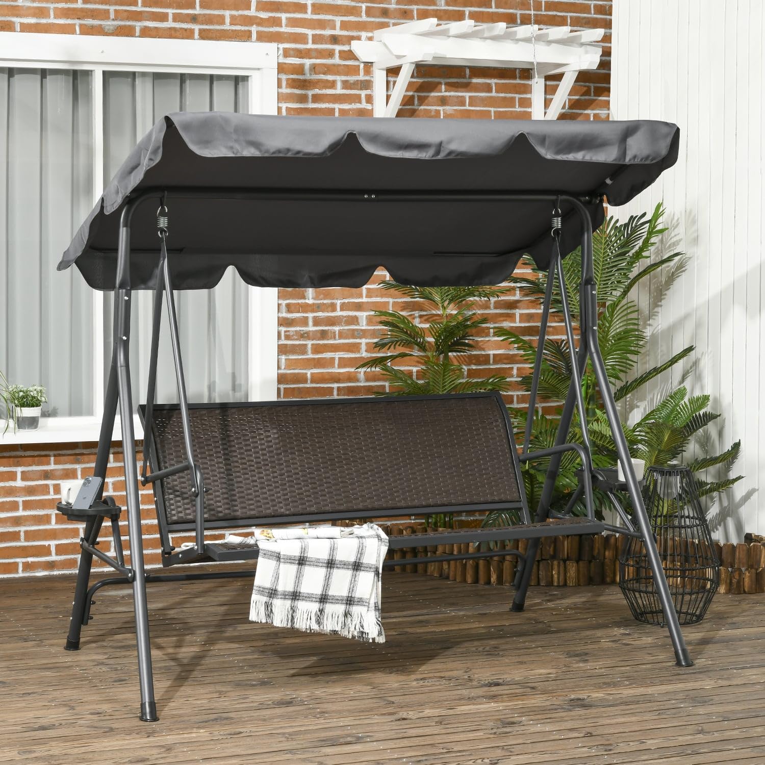 Dondolo da Giardino 3 Posti con Tettuccio Parasole e Portabicchieri in Acciaio/Poliestere/Rattan PE Dimensioni 204x112x150 cm Colore Grigio Scuro/Marrone
