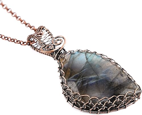 OWWUUREIKI Collar con colgante de labradorita natural irregular envuelto en alambre hecho a mano de 23.5 pulgadas, cadena hecha a mano