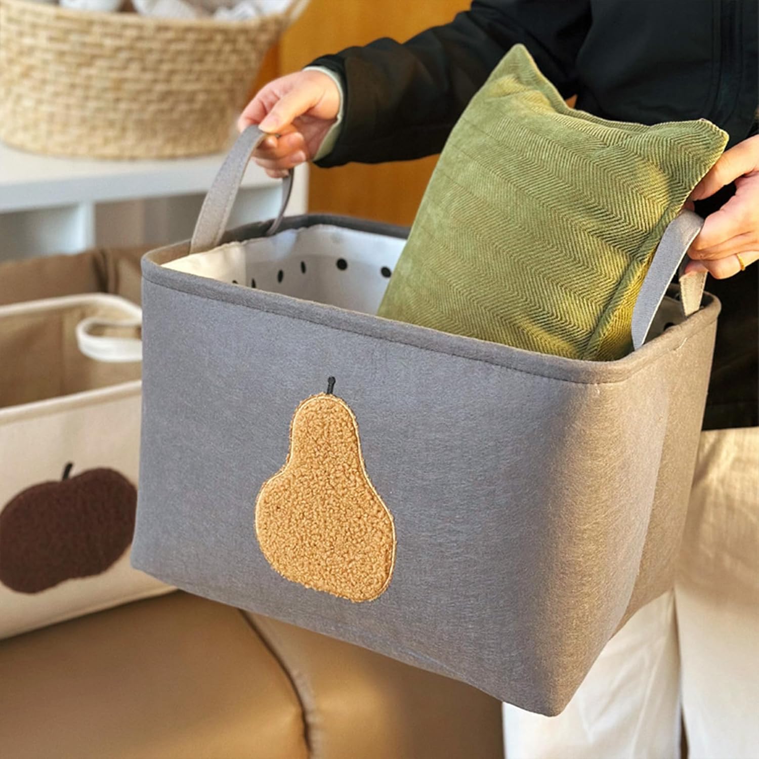 Farmhouse Style Storage Basket with Handles, Collapsible Felt Dog Toy Basket, Decorative Storage organizer 16 * 12 * 10 Inches