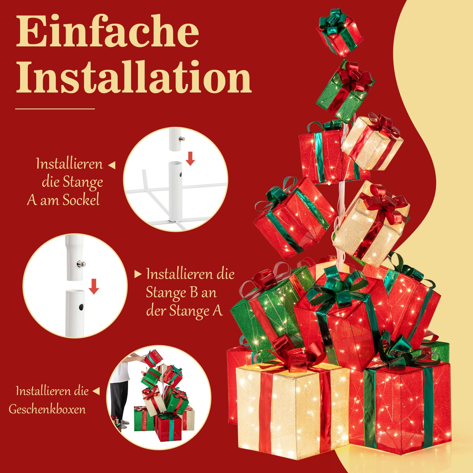 COSTWAY 170 cm große LED Geschenkboxen, 15 gestapelte Weihnacht Dekoboxen mit 450 warmweißen Lichtern, Metallsockel, beleuchtete Weihnachtenbox, Weihnachtsdeko für außen und innen