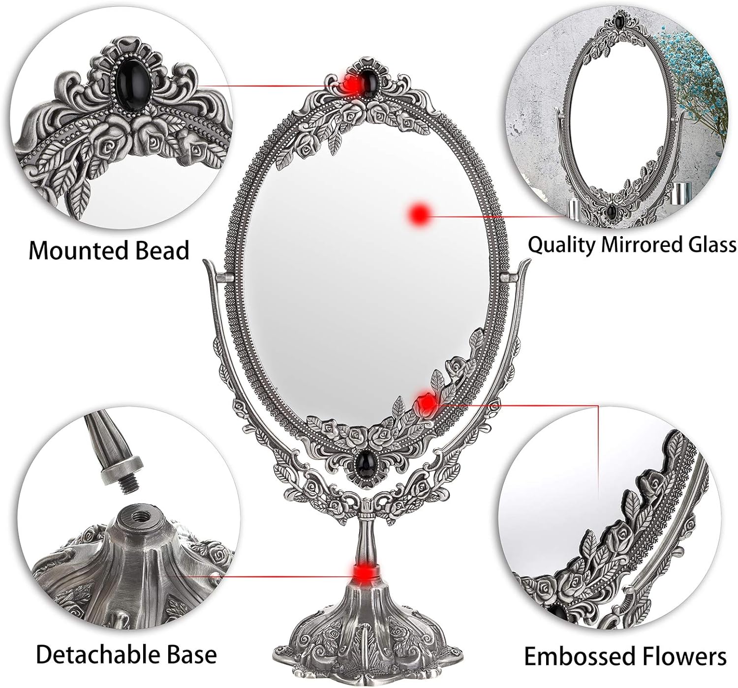 JUXYES Metal Tabletop Antique Decorative Makeup Mirror with Stand, Vintage Swivel Double Sided Cosmetic Mirror with Frame, Retro Desktop Oval Dressing Mirror for Bathroom Bedroom