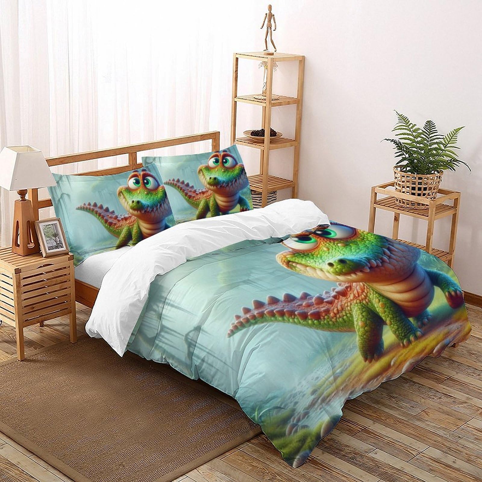 Housse de couette 260x220 crocodile parure de lit animaux 3D fille microfibre avec taies d'oreiller
